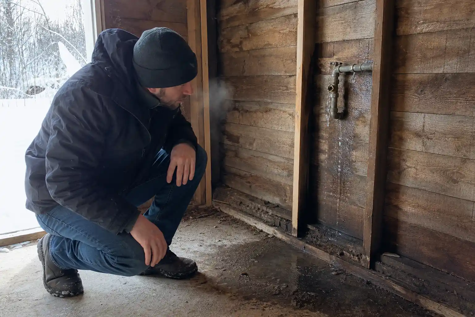 Husägare i Ängelholm tittar på ett frostsprängt vattenrör som droppar i ett kallt uthus