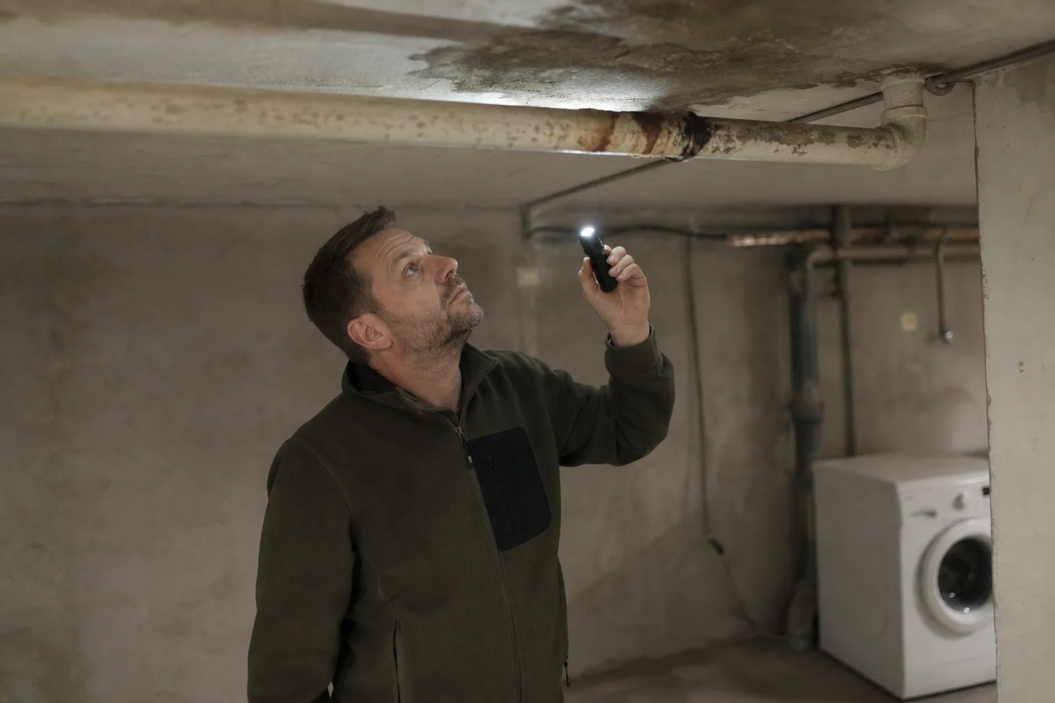 Husägare lyser med ficklampa på en rostig gjutjärnsstam i källaren i ett äldre hus i Eslöv