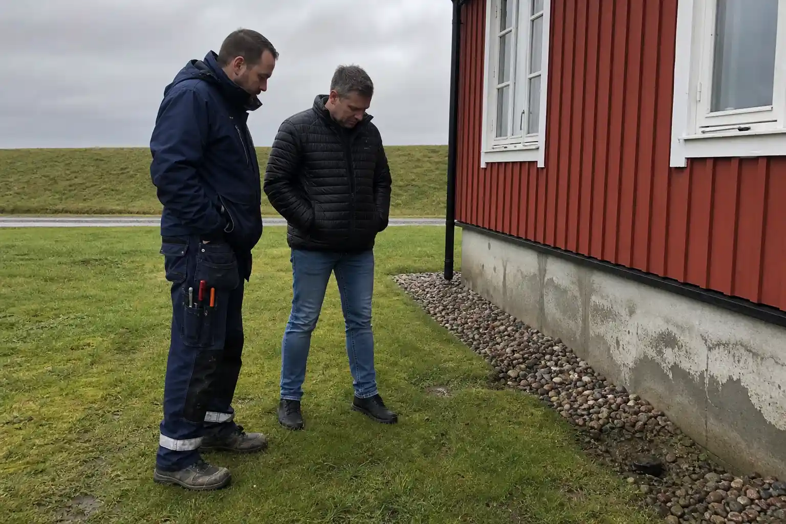 Rörmokare och husägare tittar på en dagvattenbrunn vid en villa i Kristianstad, vallen mot Helge å i bakgrunden