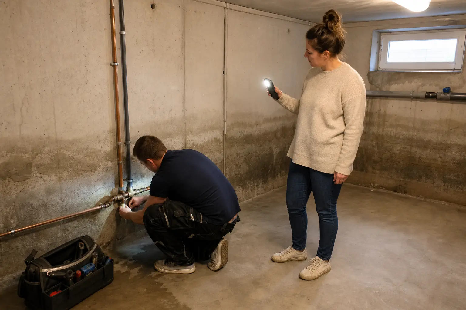 Rörmokare monterar en backventil i källaren i ett radhus i Malmö med spår av en tidigare översvämning på väggen