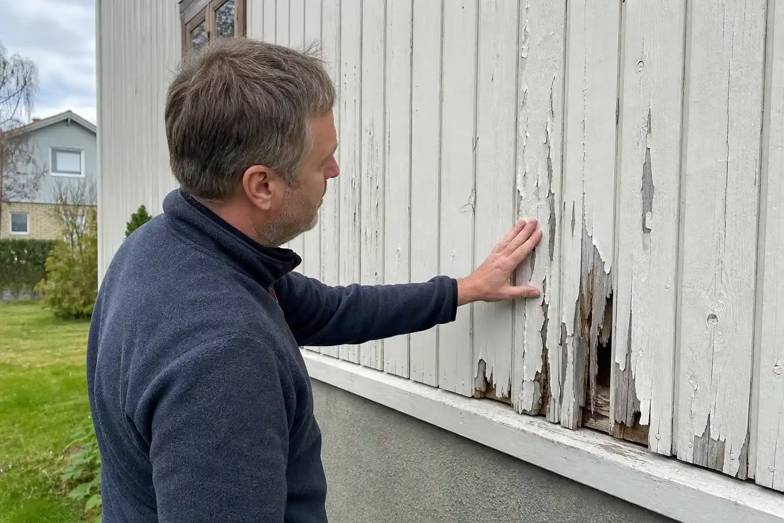 Husägare inspekterar skadad träfasad på villa i Hässleholm