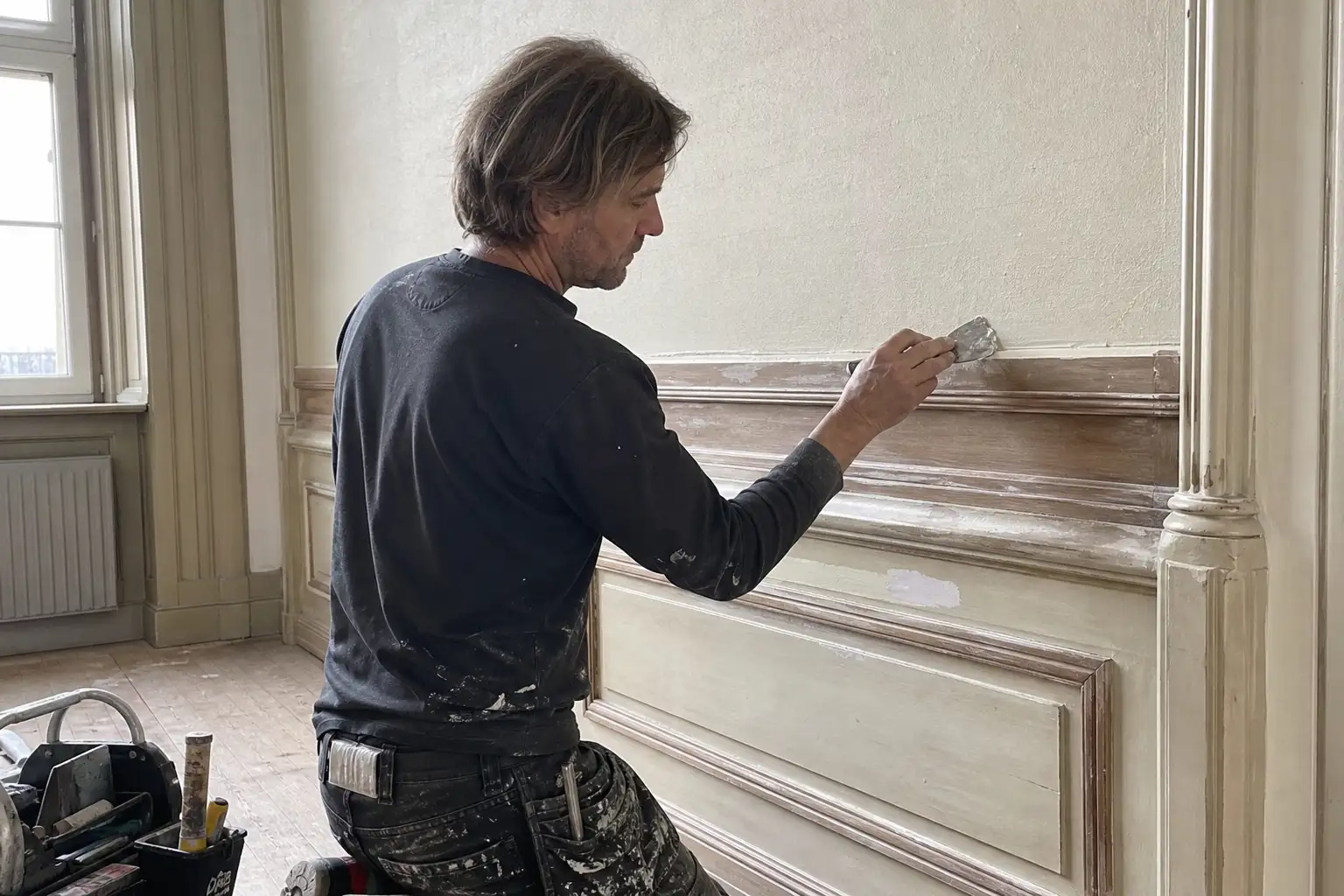 Snickare spacklar träpanel i jugendstilsvilla i Helsingborg