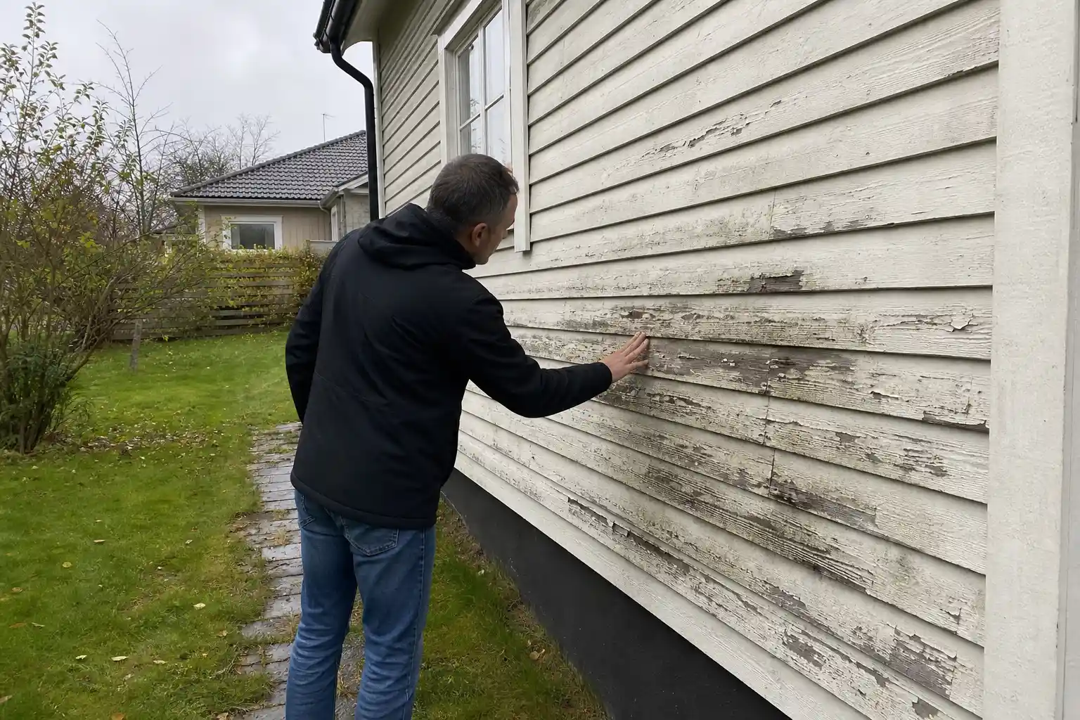 Husägare inspekterar sprickor i träpanel på villa i Trelleborg