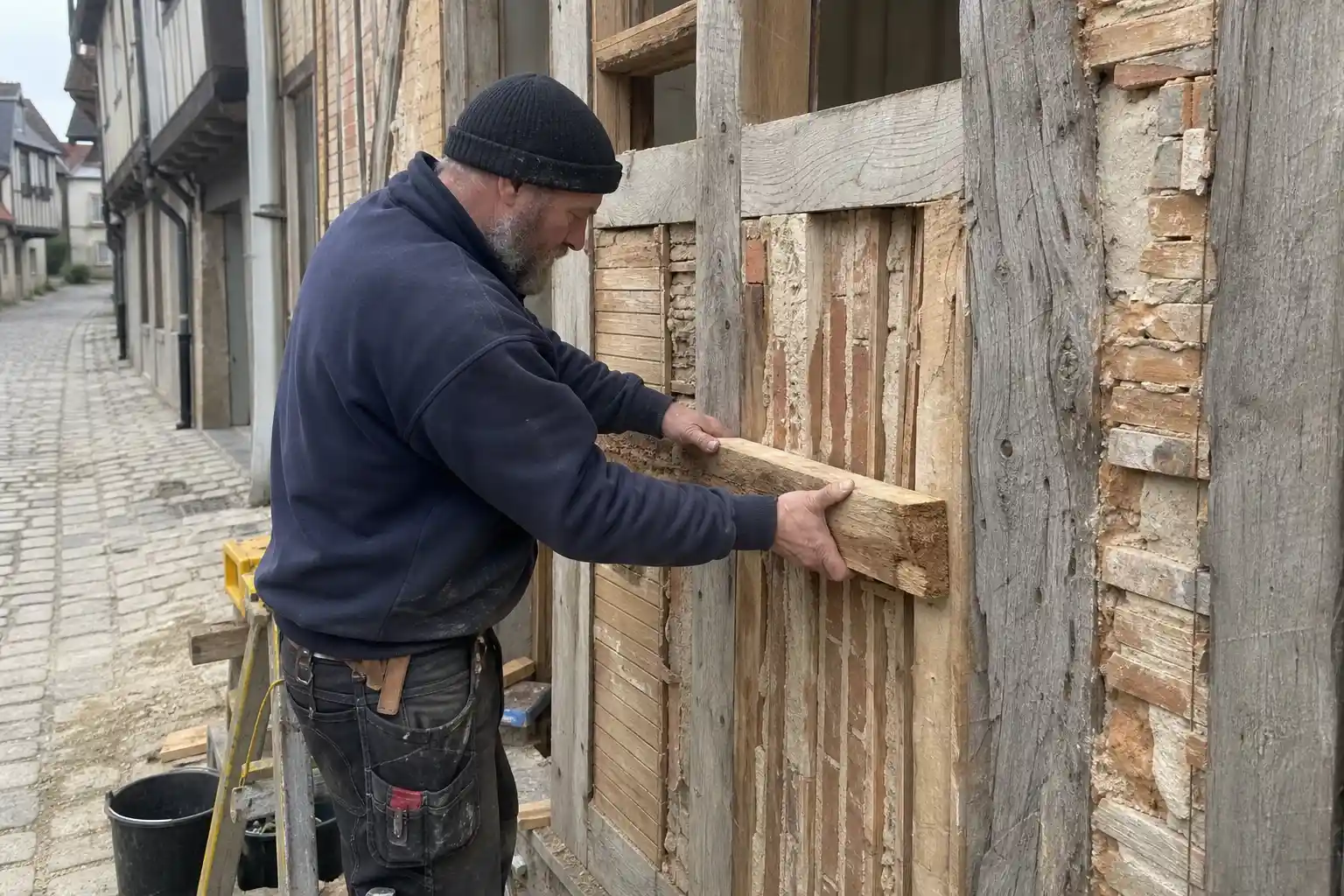 Snickare arbetar med renovering av korsvirkeshus i Ystads innerstad