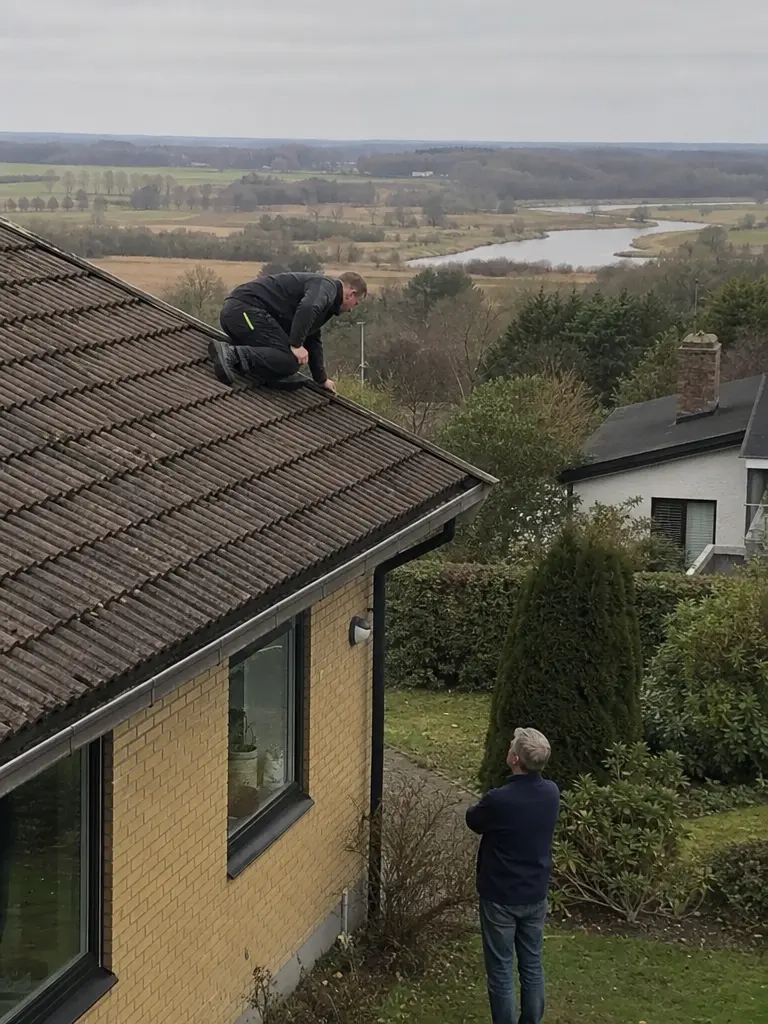 Takläggare inspekterar betongpanna på äldre villa nära kusten i Ängelholm