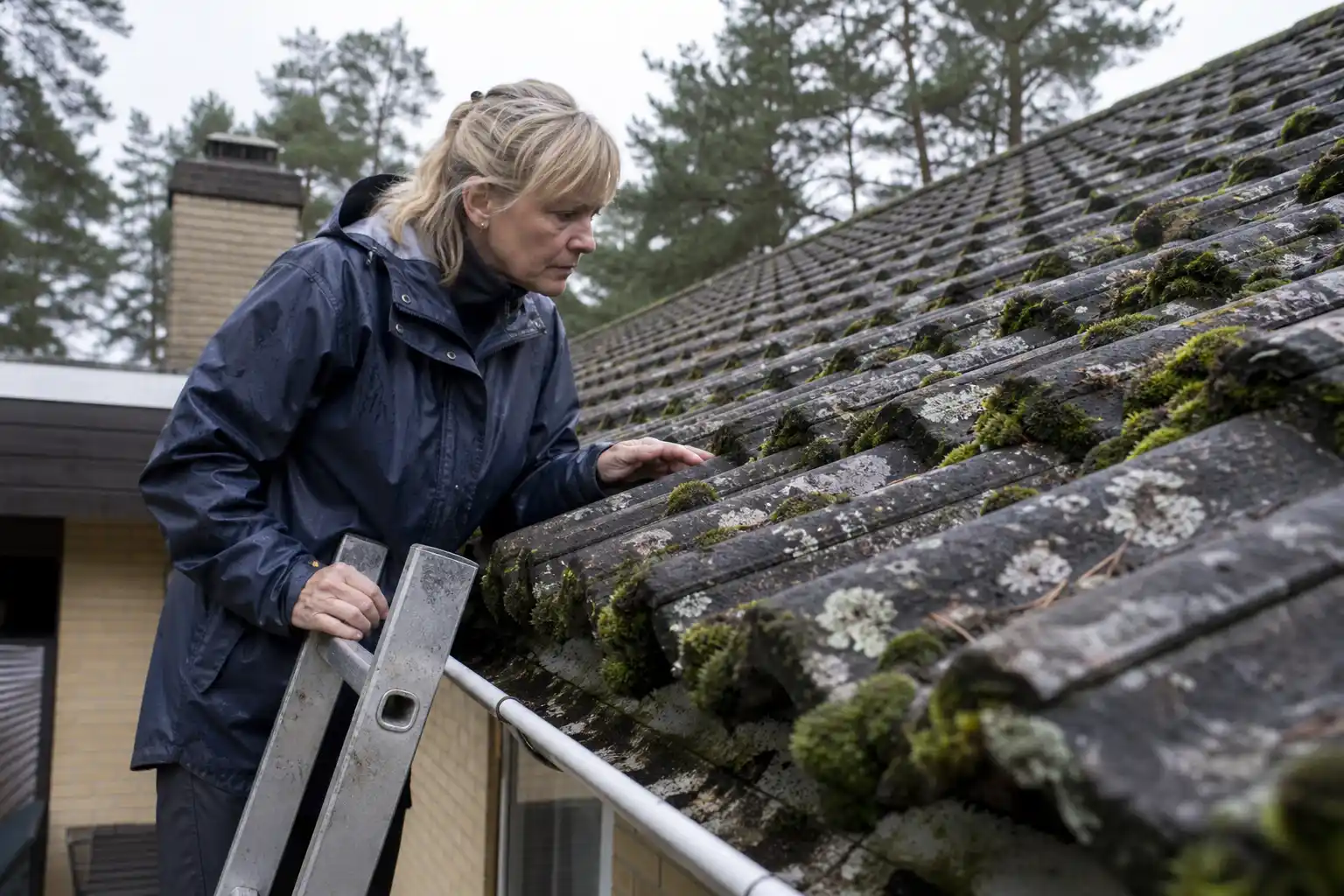 Kvinna på en stege vid takfoten granskar gamla betongpannor täckta av mossa och lav på ett gult tegelhus med tallar bakom