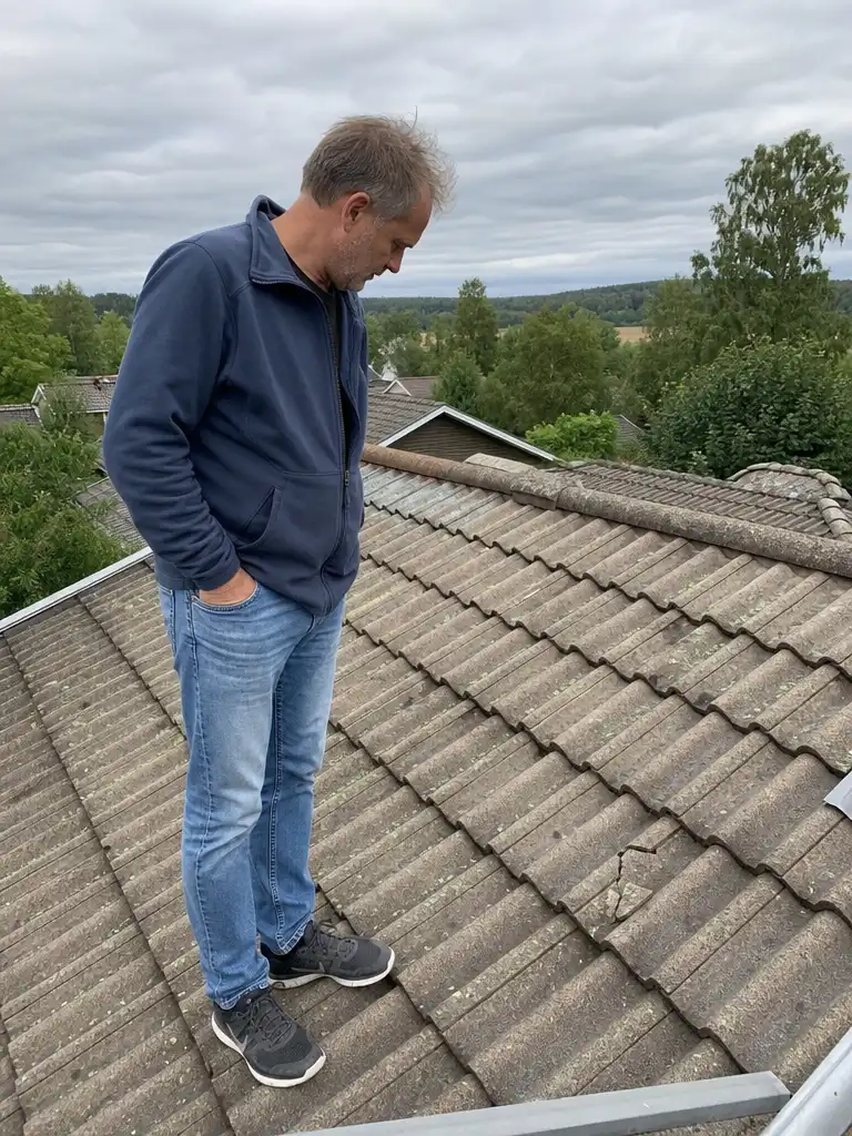 Husägare inspekterar spräckt betongpanna och läckage på tak i Hässleholm