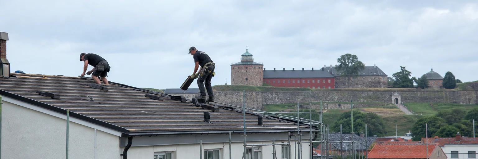 Takläggare lägger betongpannor på villa i Landskrona med Öresund i bakgrunden