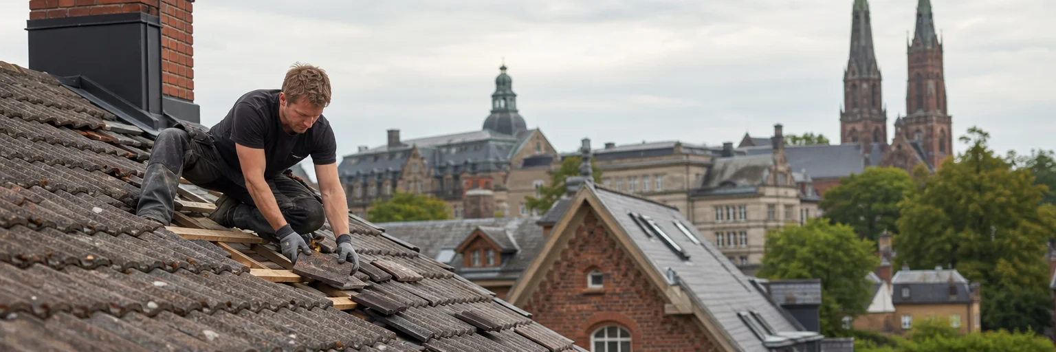 Takläggare lägger betongpannor på villa i Lund under sommardag