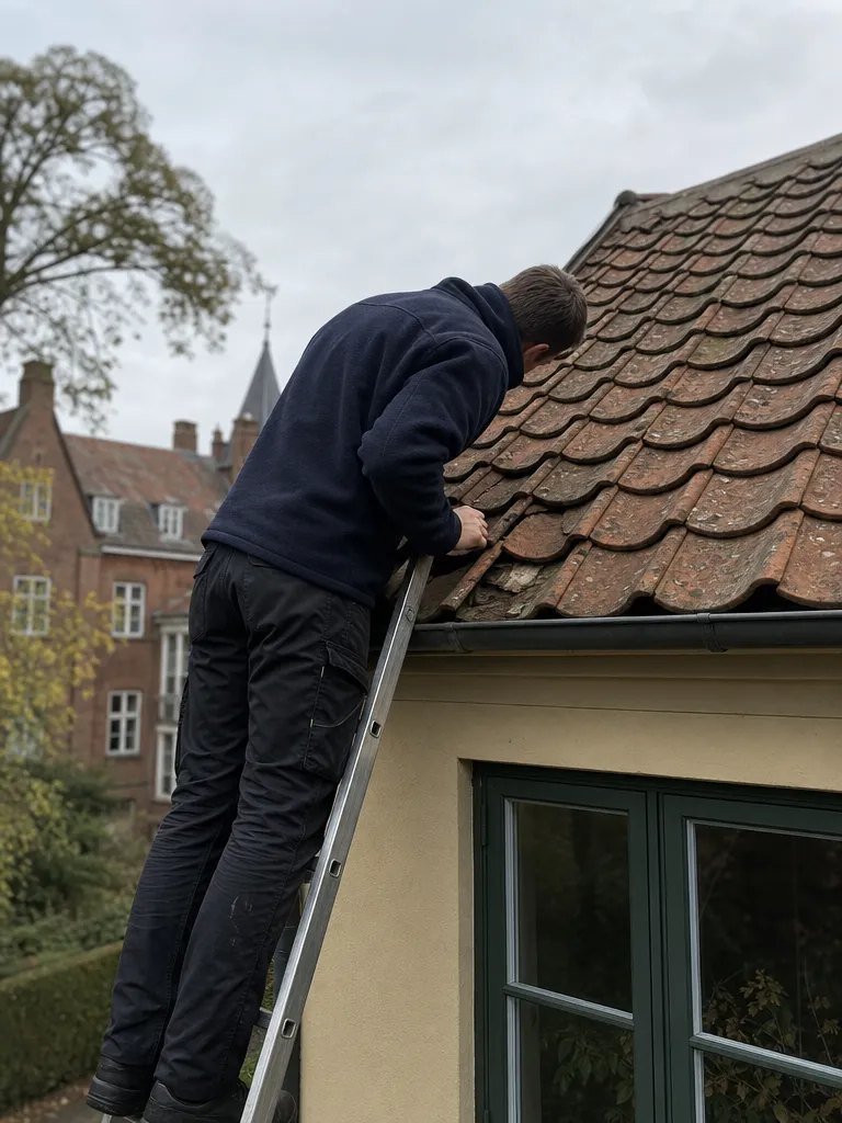 Husägare inspekterar spräckt betongpanna och fuktskada på tak i Lund