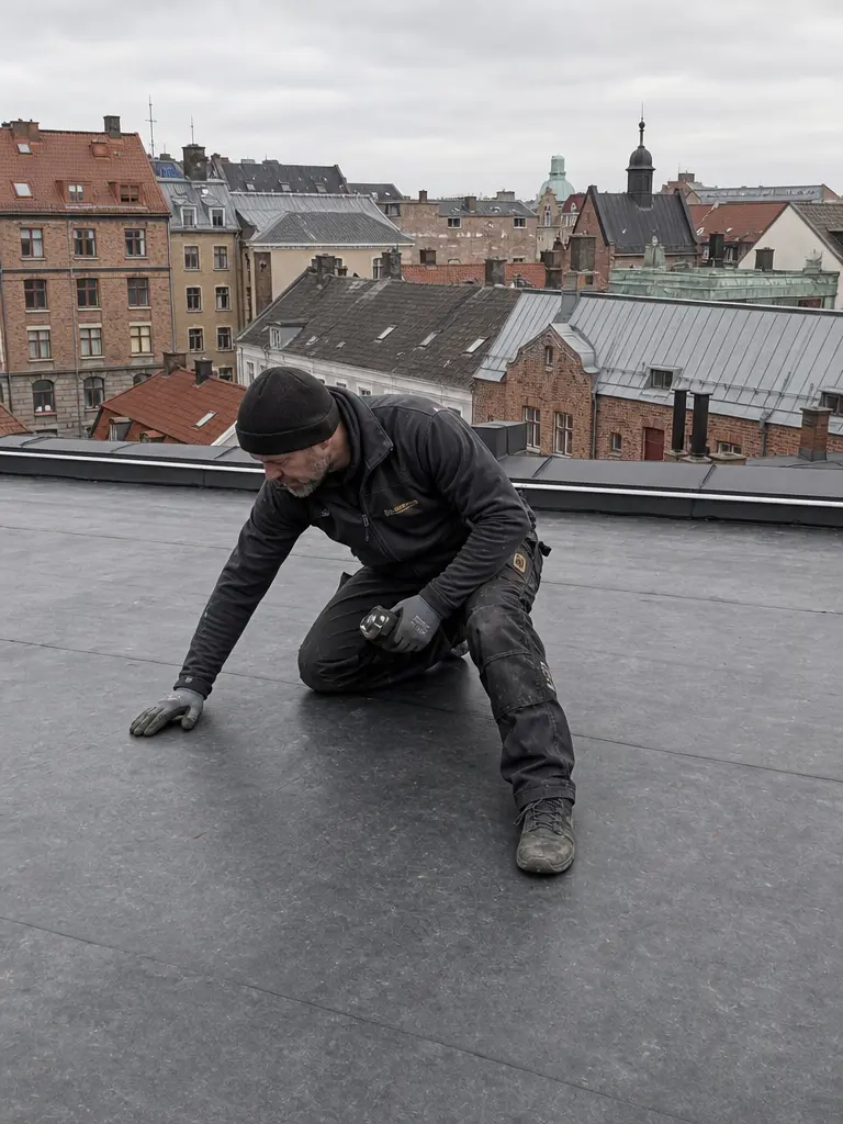 Takläggare på platt tak i äldre stenstadskvarter i Malmö