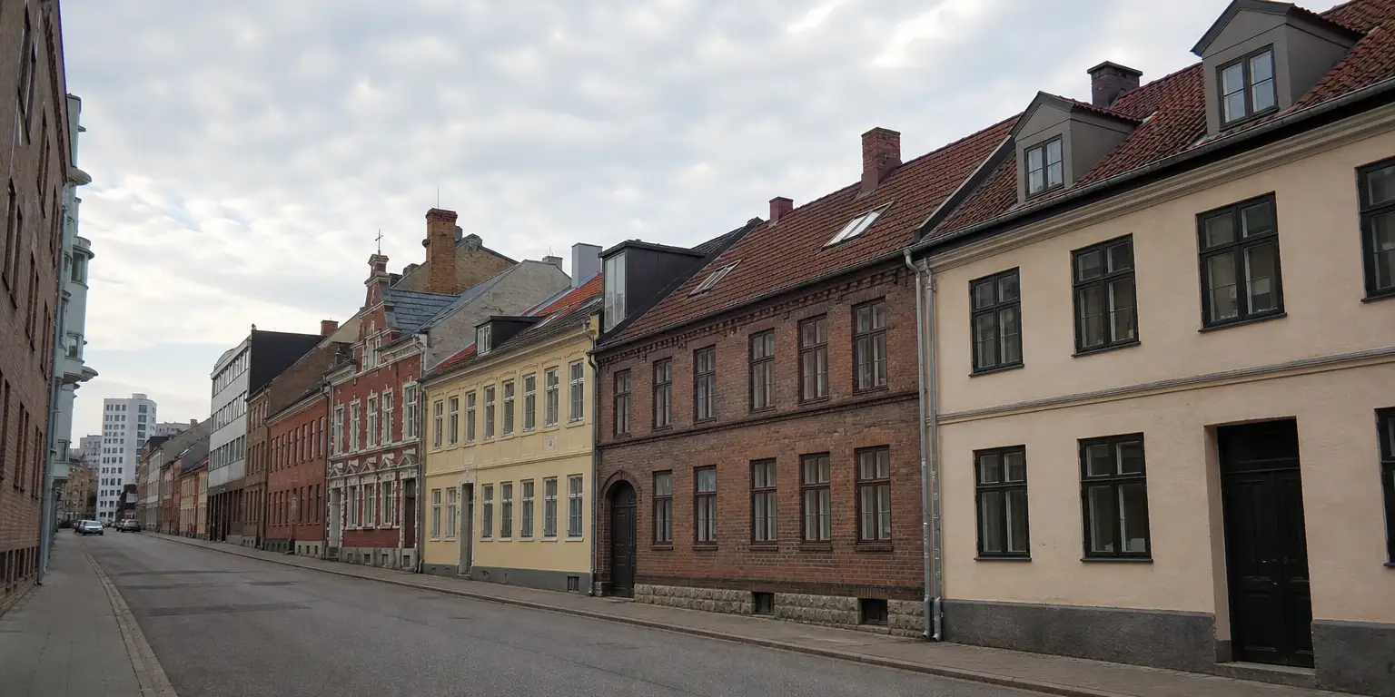 Låglänt bostadsområde i Malmö med husrader och fuktig terräng