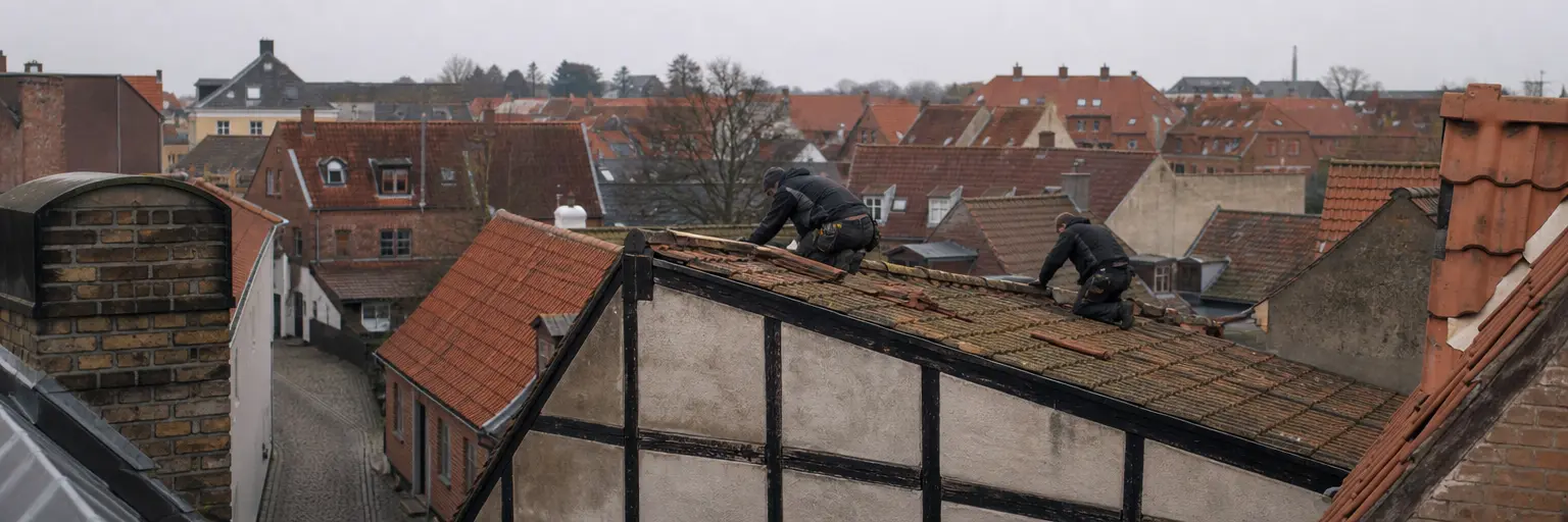 Takläggare arbetar på korsvirkeshus i Ystads historiska innerstad