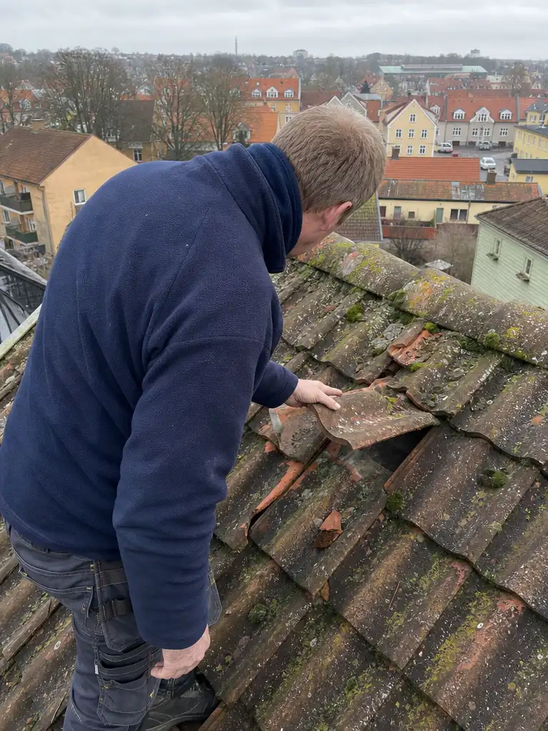 Husägare inspekterar lossnad takpanna och mossbeläggning i Ystad