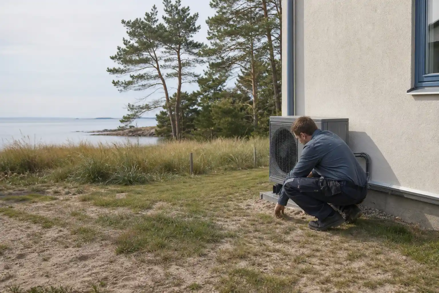 Installatör ser över utedelen till en luftvärmepump vid ett hus på sandtomten nära stranden i Ängelholm