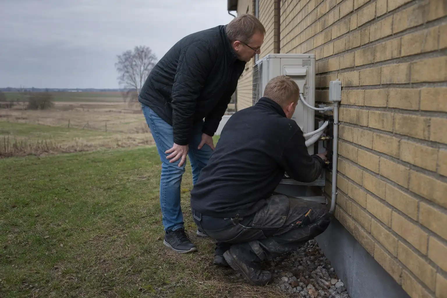 Installatör kontrollerar rörkopplingarna på en luft-vattenvärmepump vid en tegelvilla i Skåne