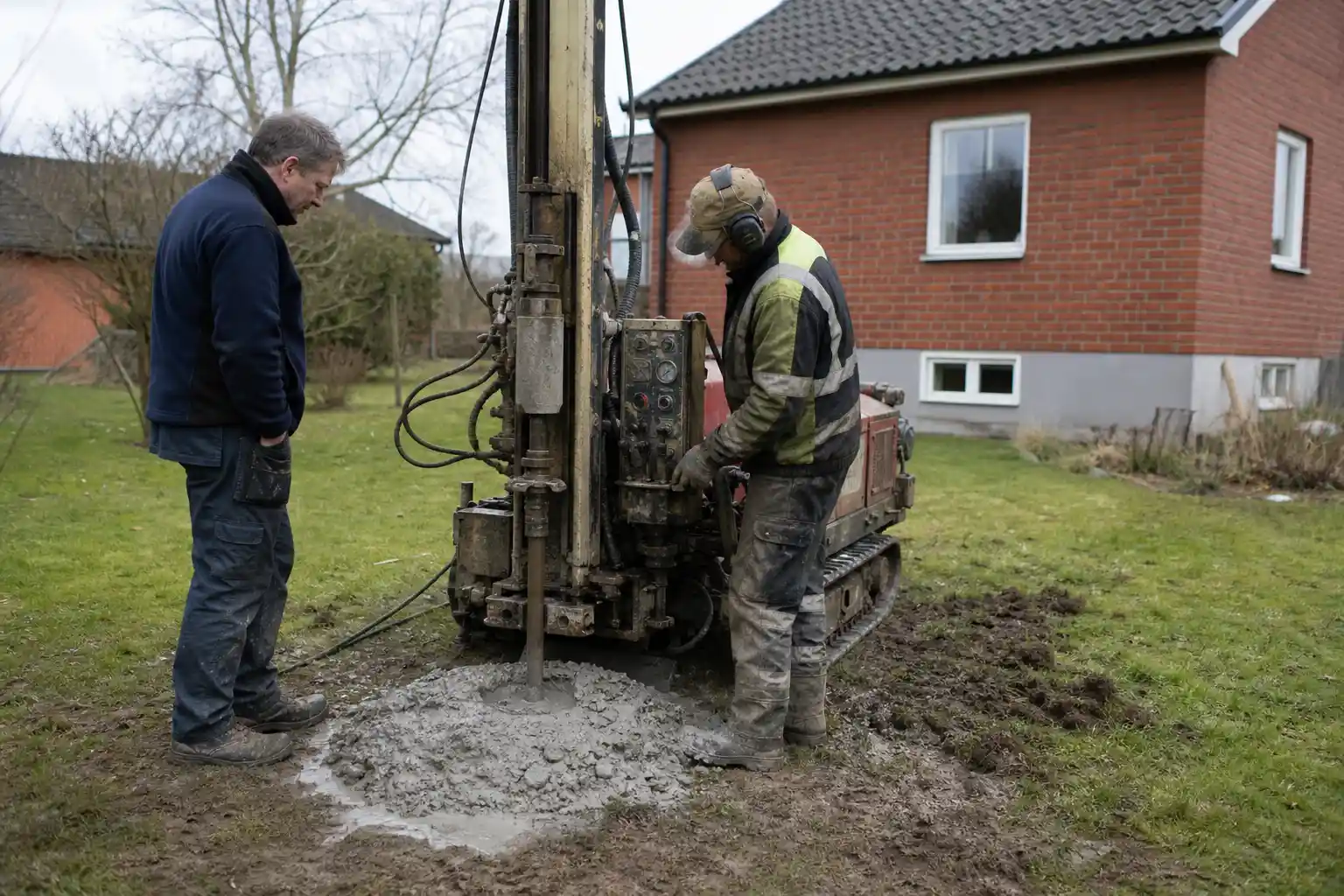 Borrigg för bergvärme på en villatomt i Skåne där borraren och husägaren tittar på borrhålet