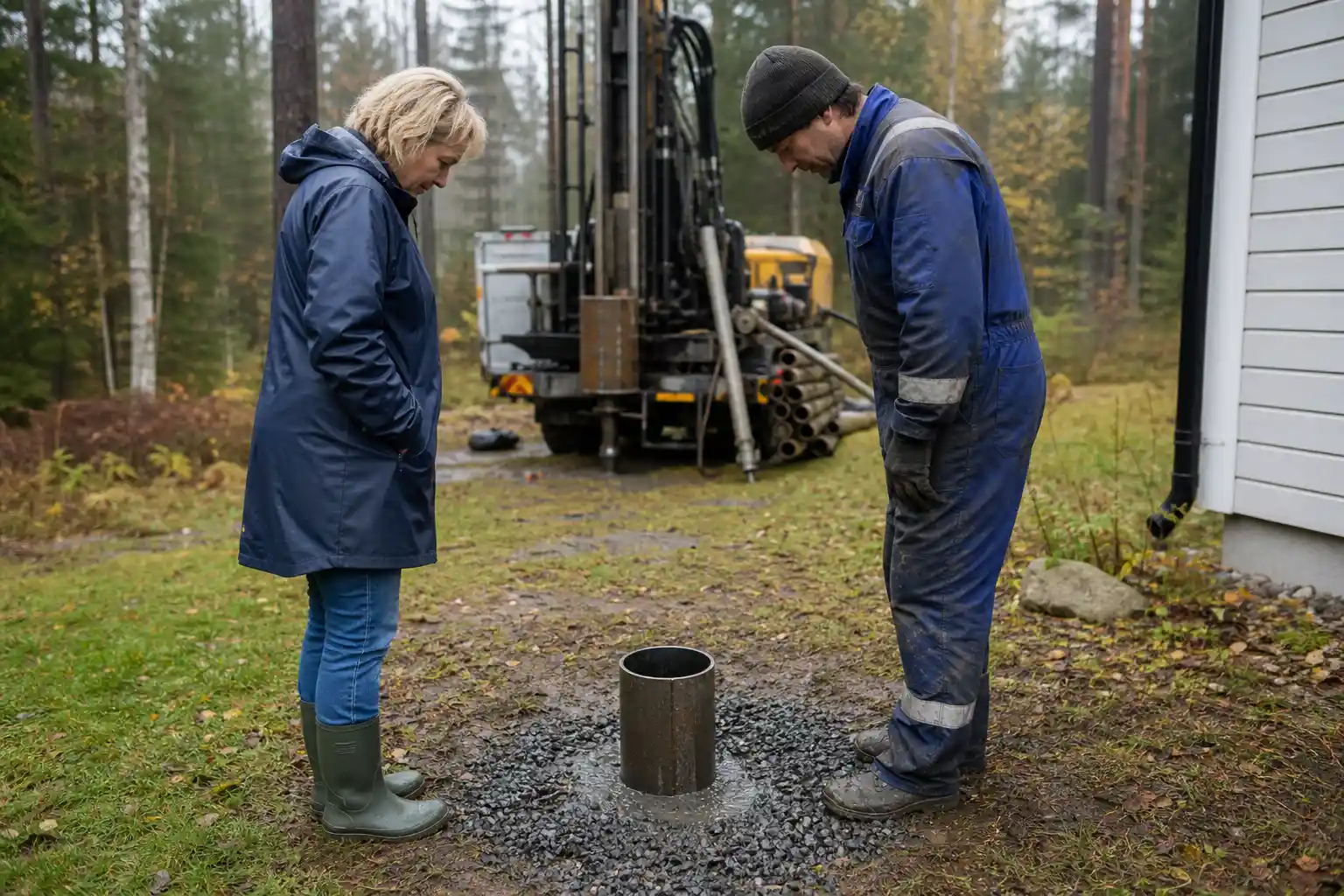 Borrare och husägare tittar ner i det färdiga borrhålet för bergvärme på en villatomt i skogen utanför Hässleholm