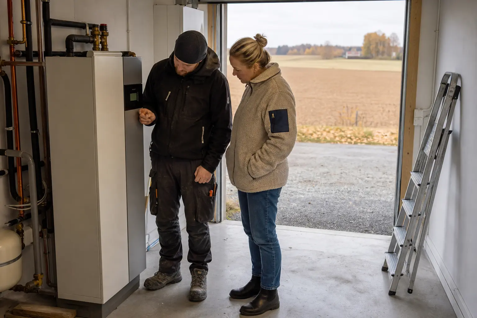 Installatör och husägare står vid inomhusdelen till en luft-vattenvärmepump i ett garage med slätten utanför porten