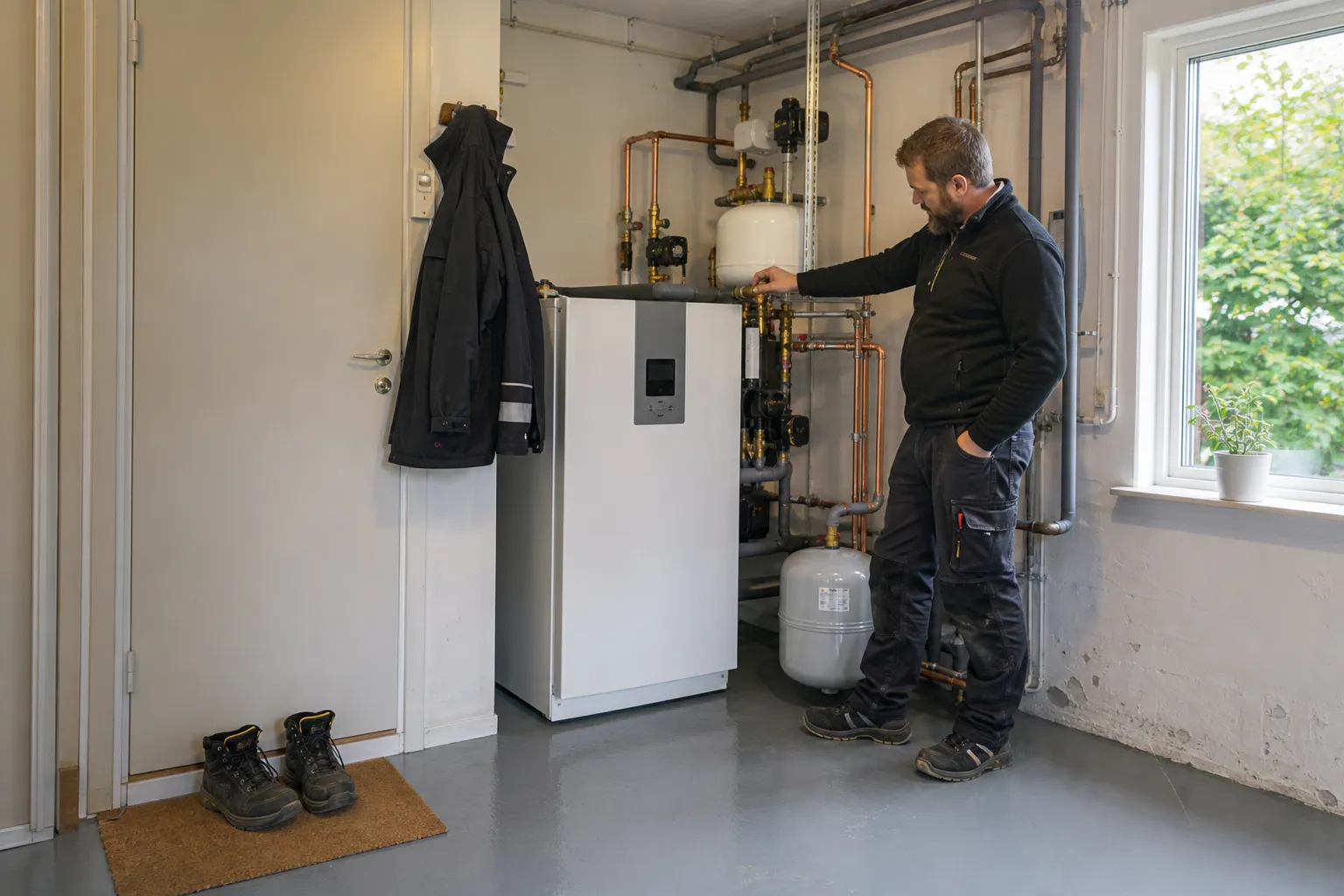 Installatör står vid inomhusdelen till en luft-vattenvärmepump i ett grovkök och kontrollerar en ventil