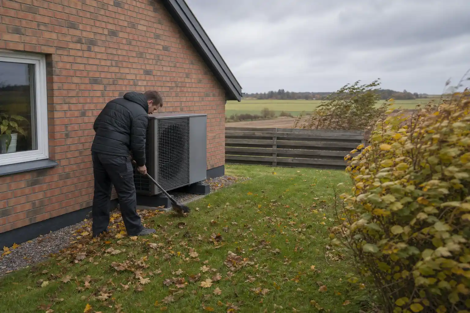 Installatör sopar undan höstlöv vid utedelen till en luftvärmepump på gaveln till en tegelvilla utanför Landskrona