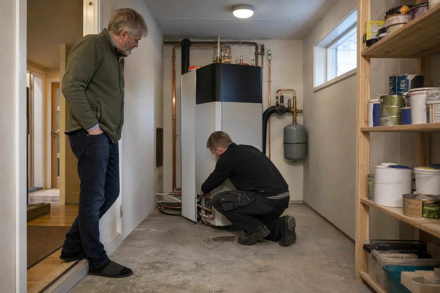 Installatör kopplar in inomhusdelen till en luft-vattenvärmepump i pannrummet i en villa i Lund