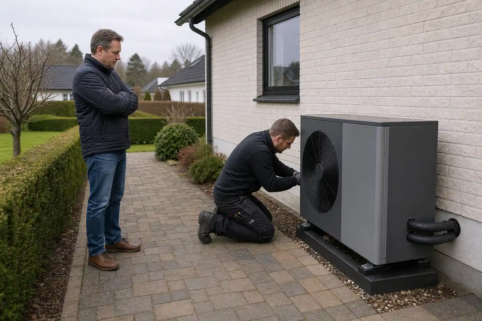 Installatör arbetar vid utedelen till en luft-vattenvärmepump medan husägaren står bredvid, vid en villa i Malmö