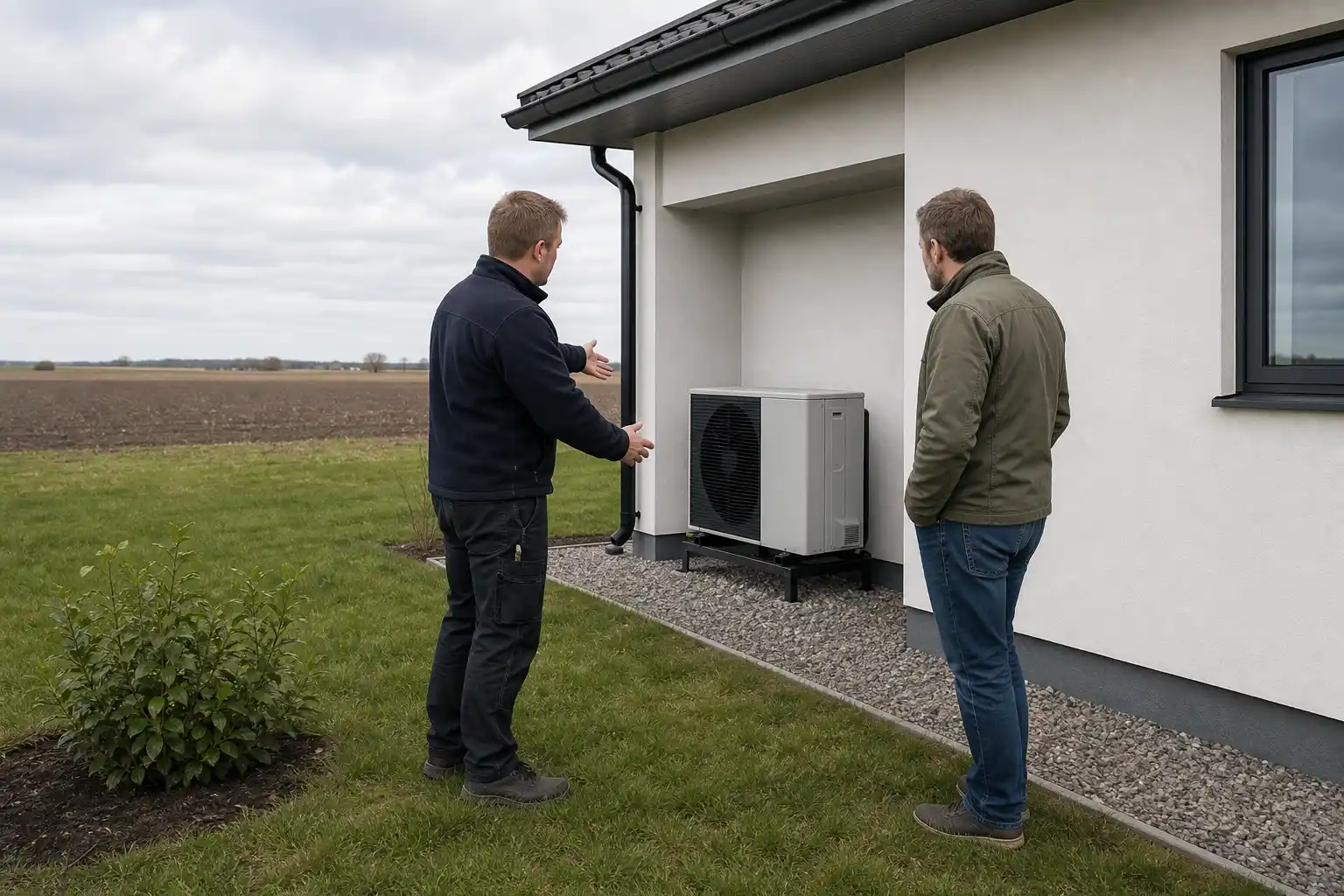 Installatör och husägare står vid en luft-vattenvärmepump utanför en villa på den öppna slätten söder om Trelleborg