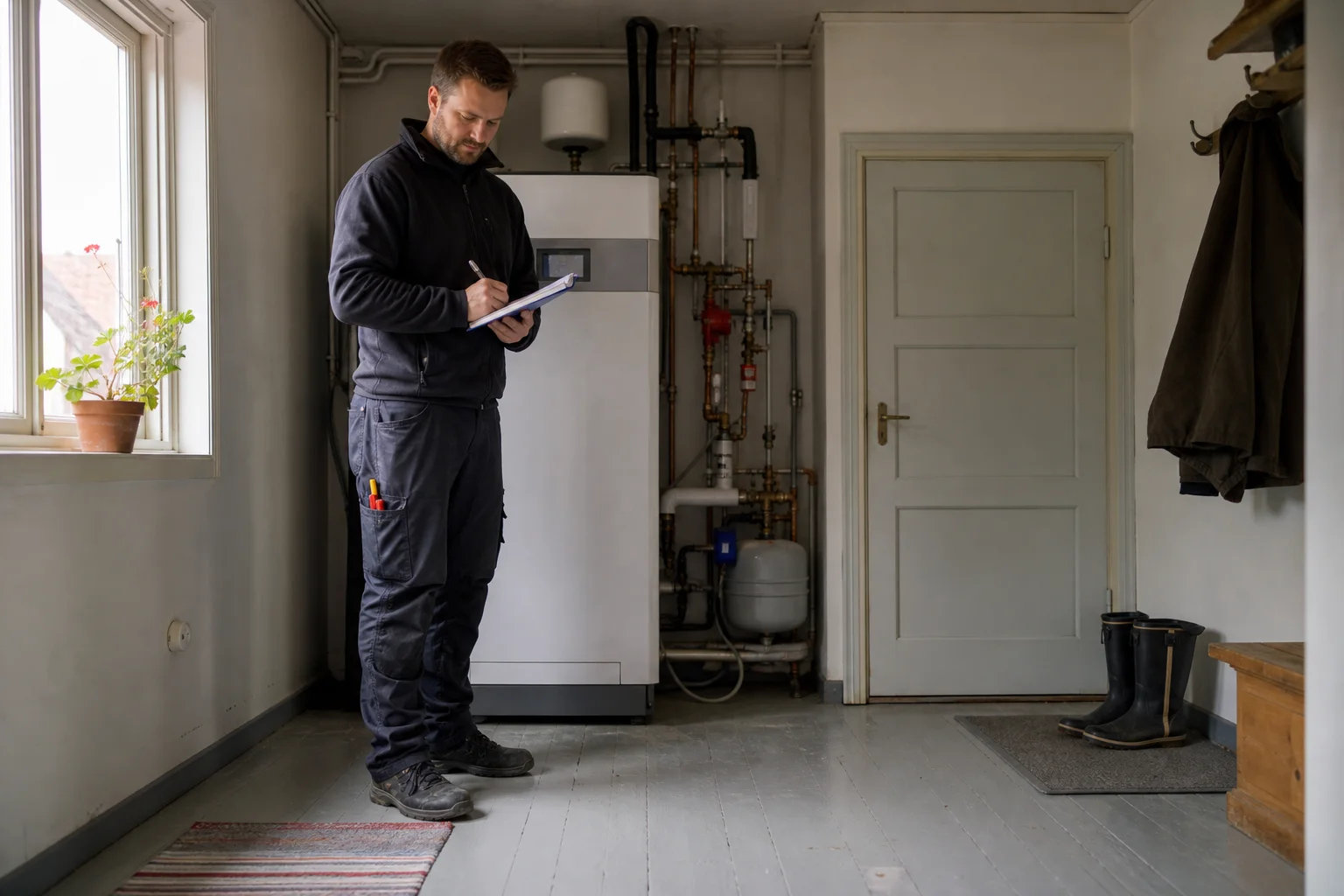 Installatör går igenom inomhusdelen till en luft-vattenvärmepump i ett äldre hus i Ystad